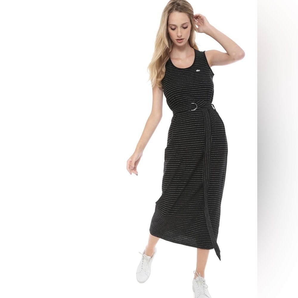 LACOSTE Sleeveless Knit Midi Dress in Black and White Stripes with a Tie Belt